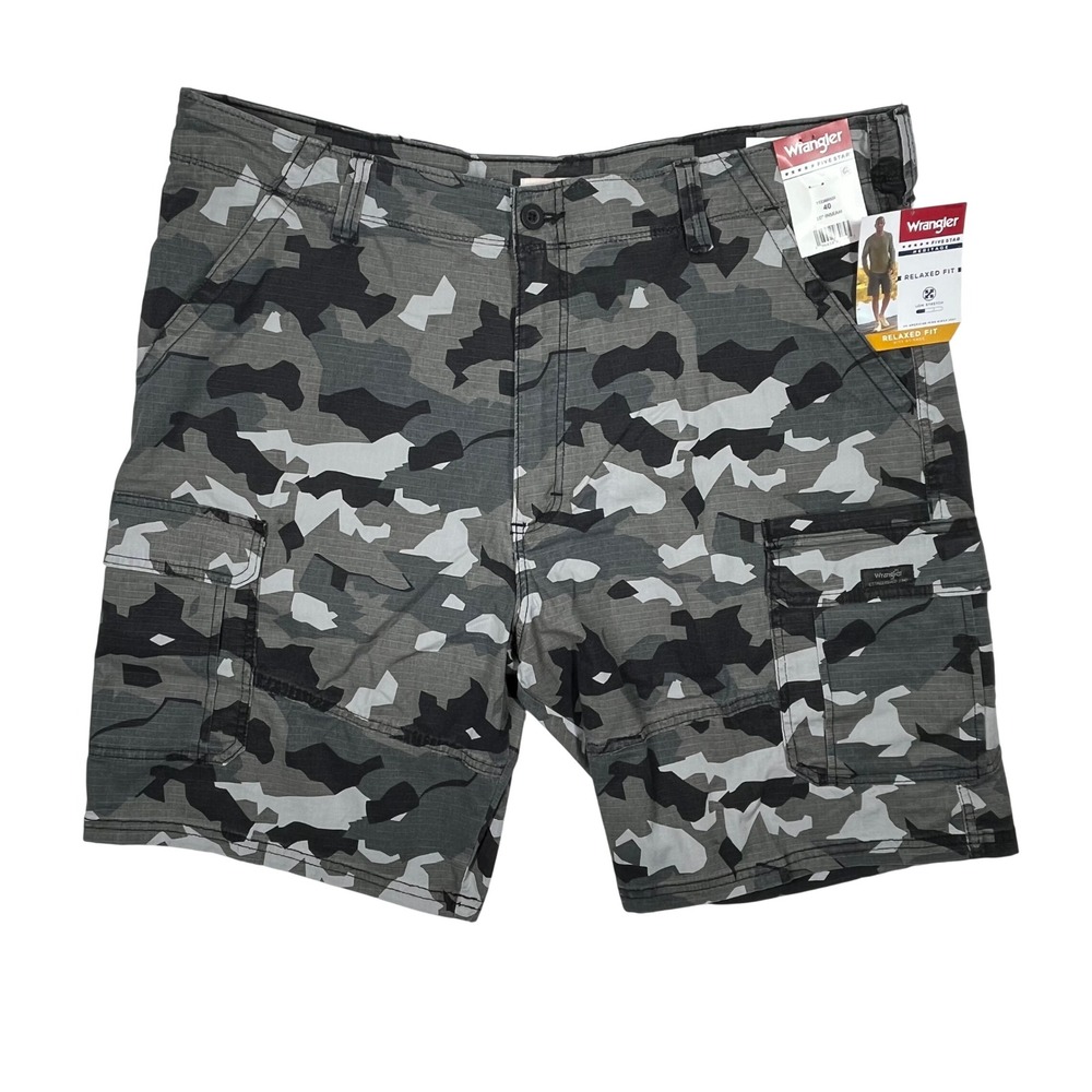 Wrangler Cargo Shorts Mens 40 Gray Camo Relaxed Fit Five Star Heritage Ripstop